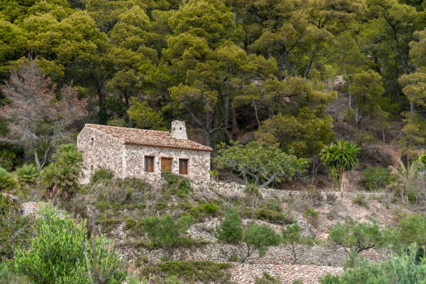 istock Stone house in a forest with big mountains on background 2178954552