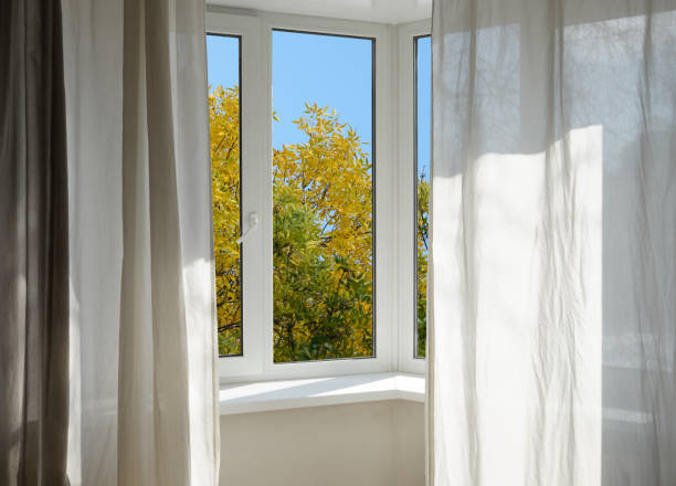 istock View from the window, yellow trees, landscape with forest. 2178960799
