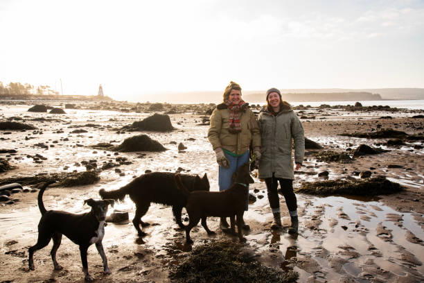 Beach time in the winter. A mother and daughter enjoying walking their dogs on a cool day.