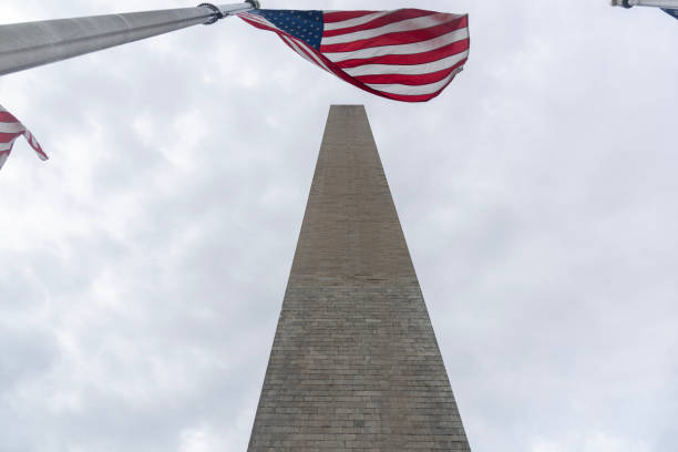 Washington Monument DC, USA, 2024. American Flags. Deep blue sky