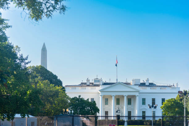 The White House with Washington Monument on the background on a sunny day. Washington D.C., USA
