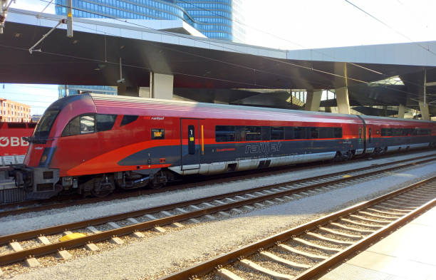 Vienna, Austria - 30 July 2024: OBB Railjet train at Wien Hauptbahnhof train station.