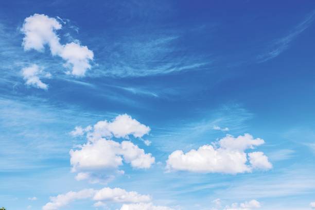 Clear blue sky with soft white clouds on a bright sunny day.