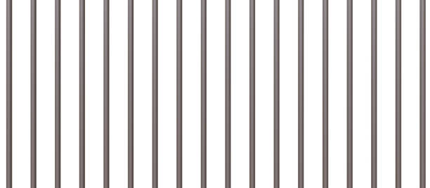 Prison bars isolated on white transparent. Stainless steel vertical rods, jail cell security. 3d illustration