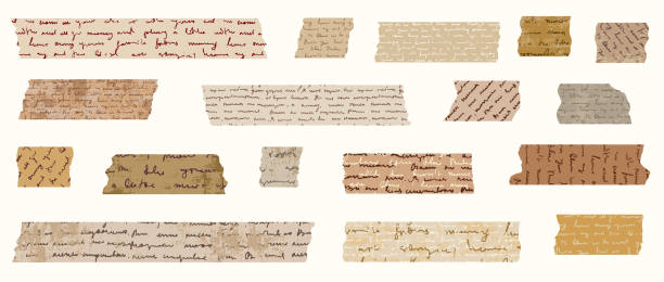 Vintage Brown Digital Washi Tape Illustration, Vector Adhesive Masking Paper with Torn Edges and Hand Written Unreadable, Illegible Text, Cursive Handwriting Book Page Pieces