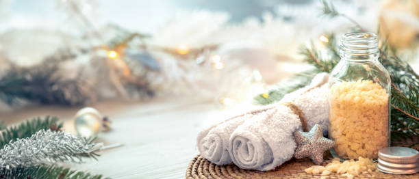 Spa composition with Christmas decoration. Spa with space for text.