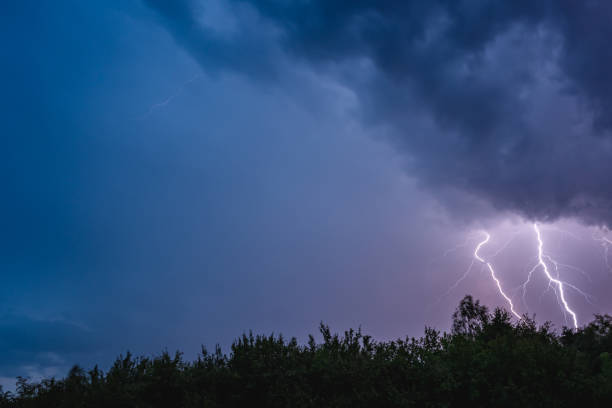istock Thunderstorm, electrostatic discharge in the night sky, branching lightning high above the clouds. View of the dark sky. 2179017715