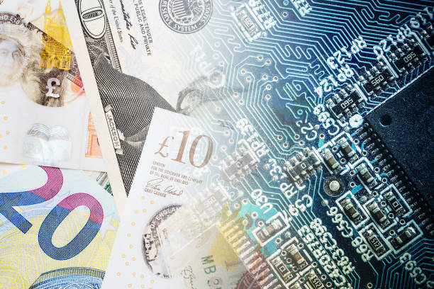 istock Dollars, euro bills and PCB circuit board background. Technology costs. Electronics price texture. Money and electronic components. 2179036139