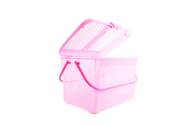 Pink basket with handle isolated on white background, Plastic basket