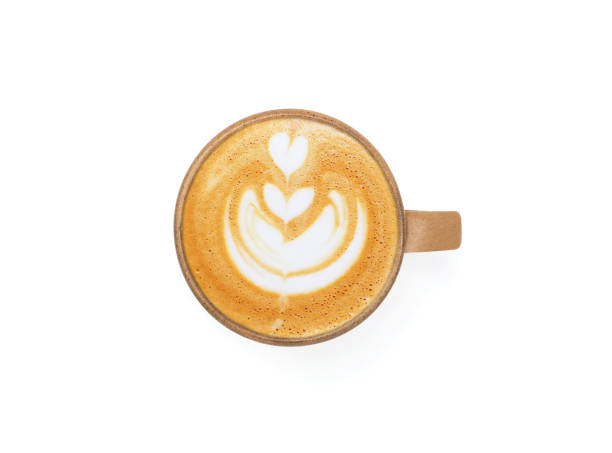 istock Top view, flat lay hot latte coffee with art heart shape in brown ceramic mug isolated on white background. space for your text. 2179094176