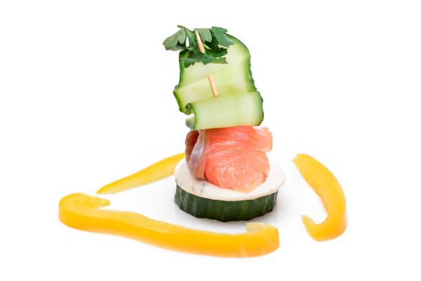 Canapes without Bread with Fresh Salmon, Cucumber and Cream Cheese - Isolated on White Background. Easy Breakfast. Diet Food. Quick and Healthy Sandwiches. Healthy Snacks with Tasty Fillings
