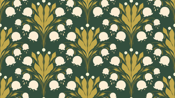 Vector seamless pattern with bouquets of lilies of the valley in row. Texture with decorative floral arrangement on a dark green background. Vector seamless pattern with bouquets of lilies of the valley in row. Texture with decorative floral arrangement on a dark green background. Surface design with spring flowers for wallpaper and fabric lily of the valley garden stock illustrations