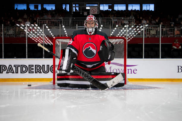 istock Ice Hockey Goalie Guarding the Net 2179109100