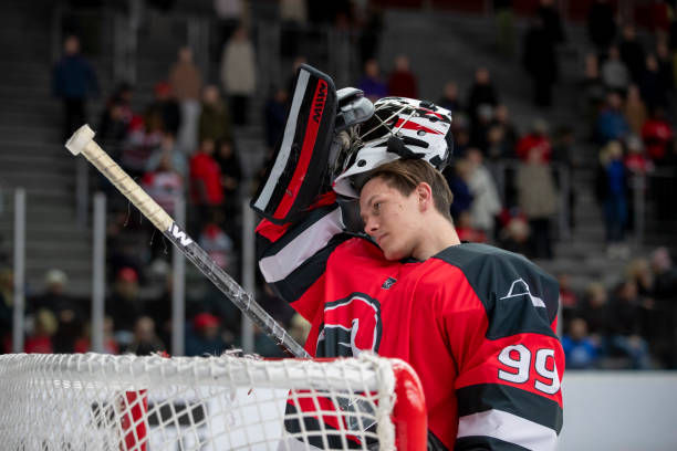 istock Ice Hockey Goalie Resting After Game 2179109241
