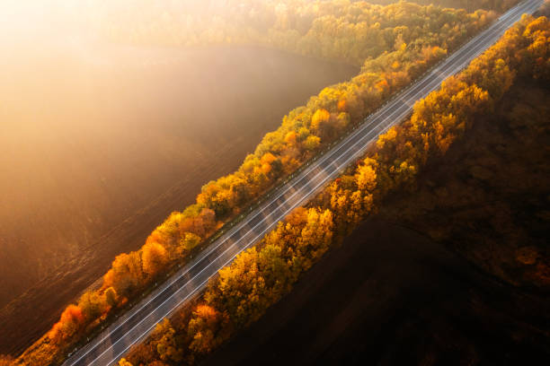 istock Panoramic view from above of the freeway passing through agricultural fields in the morning light. 2179129042
