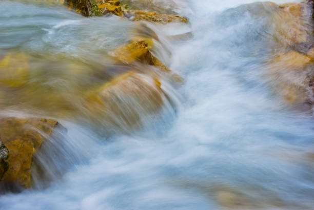 Blurry motions water of river with beautiful stones. Making close up and long exposure. River along the Aurlandsfjellet mountains in Norway.
