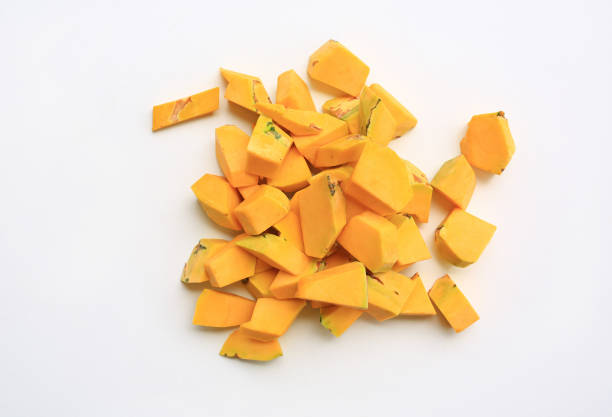 Pumpkin vegetable slice or cutting fresh vegetable isolated on white background. Top view.