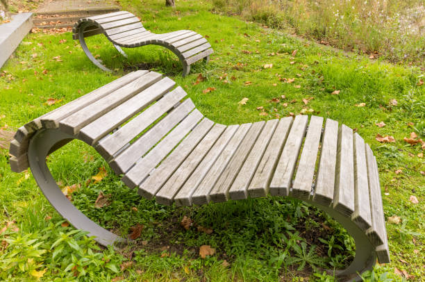 istock Two empty modern wooden benches on green grass with autumn leaves 2179149348