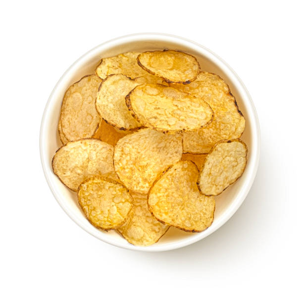 istock Kettle potato chips isolated on white background, top view 2179158040