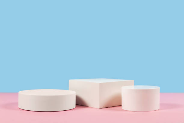 istock Blue and pink background for product presentation. Empty podiums. Mockup 2179158855