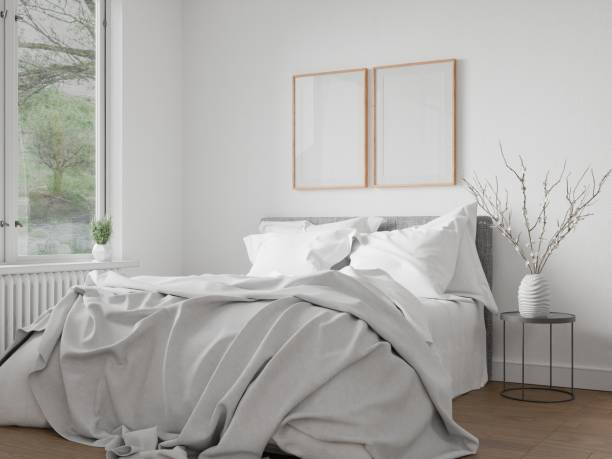 istock Two frame mockup, bedroom cozy modern home interior, bed empty headboard wood pattern and wall background. room 3D rendering 2179162539