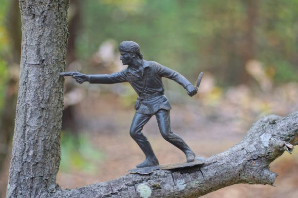 Plymouth, Massachusetts, USA - September 12, 2022: . National Historic Landmark location since 1935 stands a statue erected in 1921 of an Indian Massasoit Great Sachem of the Wampanoags Protect and Preserver of the Pilgrims 1621