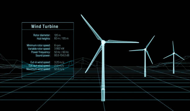 istock Hologram of wind turbines with specific technical data on a grid map. 2179165349