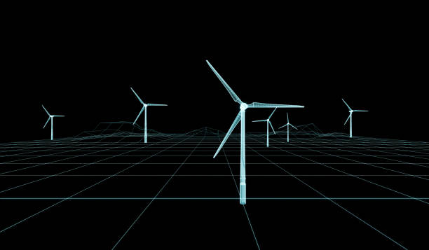 istock Hologram of wind turbines on a grid map, black background. 2179165352