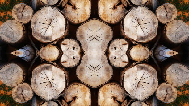 Stacked Wooden Logs Symmetrical Pattern Close-Up Natural Colors