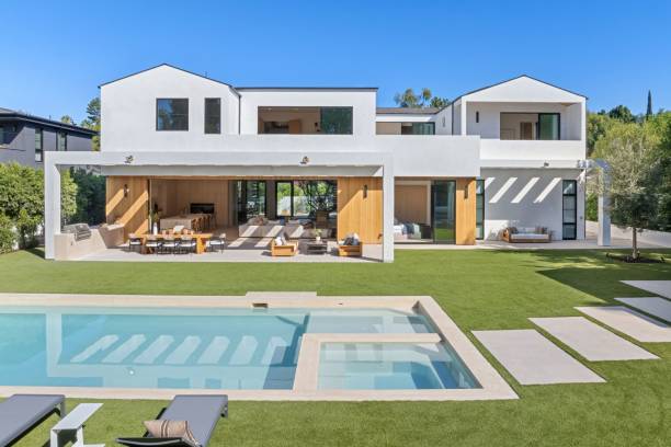 istock Modern luxury home with pool and spacious backyard. 2179170284