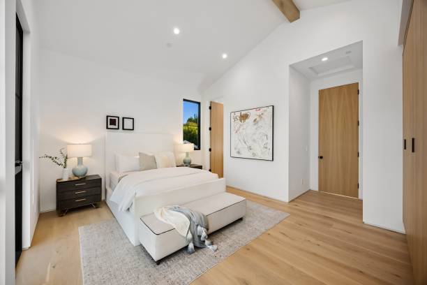 istock Modern minimalist bedroom interior with cozy ambiance. 2179170316