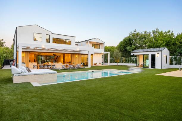 istock Modern luxury home with pool and spacious backyard. 2179171095