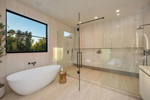istock Modern luxurious bathroom with a freestanding tub. 2179171451