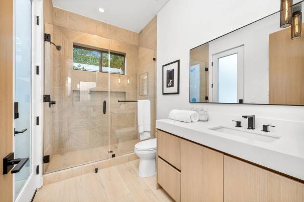istock Modern minimalist bathroom with glass shower. 2179172330
