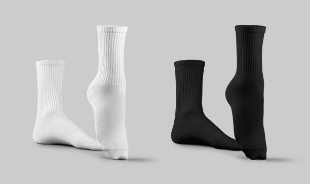 istock Mockup of white, black long socks 3D rendering, one toe stretched, for design, print, pattern, branding. Set 2179179066