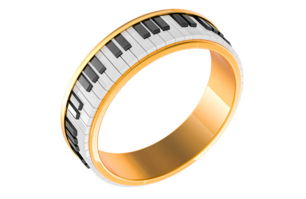 Piano ring, golden ring with piano keyboard. 3D rendering isolated on white background
