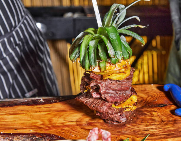 Grilled Meat Stacked with Pineapple on Skewer