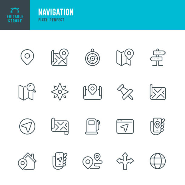 Navigation - thin line vector icon set. Pixel perfect. Editable stroke. The set contains icons: Navigational Compass, Travel Destinations, Map Pin, Map, Navigation App, Wind Rose, Gas Station, Directional Sign, Location. Navigation - thin line vector icon set. 20 icons. Pixel perfect. Editable stroke. The set contains icons: Navigational Compass, Travel Destinations, Map Pin, Map, Navigation App, Wind Rose, Gas Station, Directional Sign, Route Search, Location, Globe. phone charging station icon stock illustrations