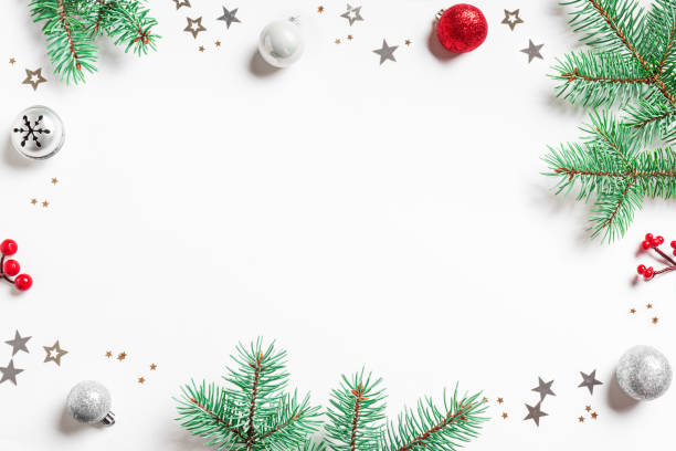 istock Christmas Background with pine branches and silver stars 2179221088