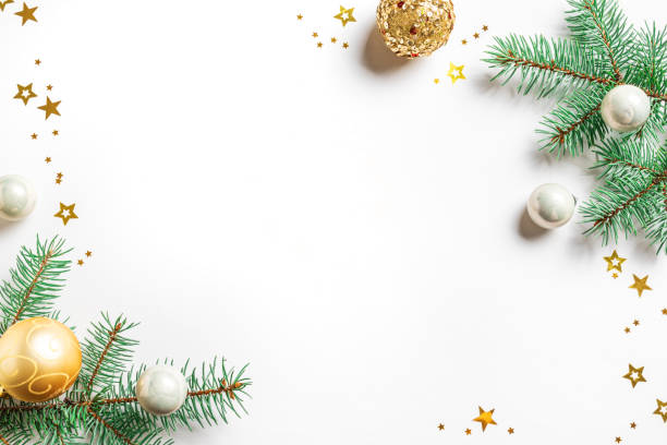 istock Christmas Background with fir branches, golden ornaments 2179221228