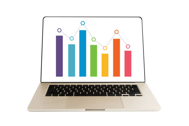 Laptop computer with bar graph on screen isolated on white background with clipping path.