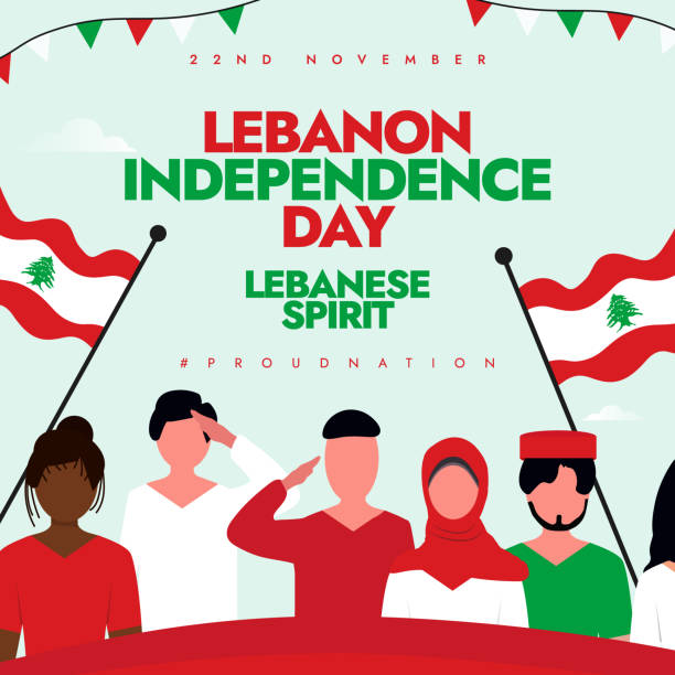 hari kemerdekaan lebanon. 22 november hari kemerdekaan lebanon spanduk perayaan media sosial, posting dengan benderanya, orang-orang mengenakan bendera warna pakaian. hari itu mengingatkan berakhirnya kendali prancis atas lebanon. ilustrasi vektor - bendera lebanon ilustrasi stok