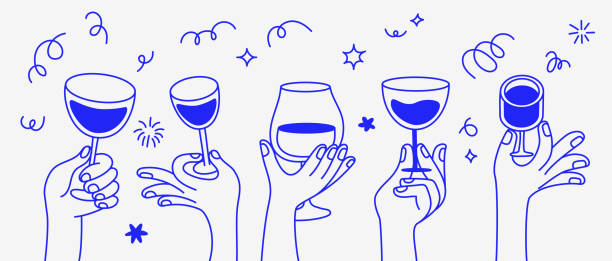 vector simple minimal linear style illustration with cartoon hands holding wine glasses, celebration and party vibe, invitation design element, banner, template - getränk stock-grafiken, -clipart, -cartoons und -symbole