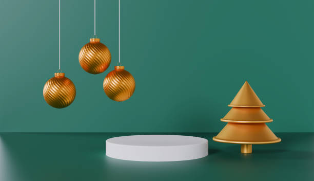 istock Christmas decoration with green tree and red baubles hanging on branches 2179239267