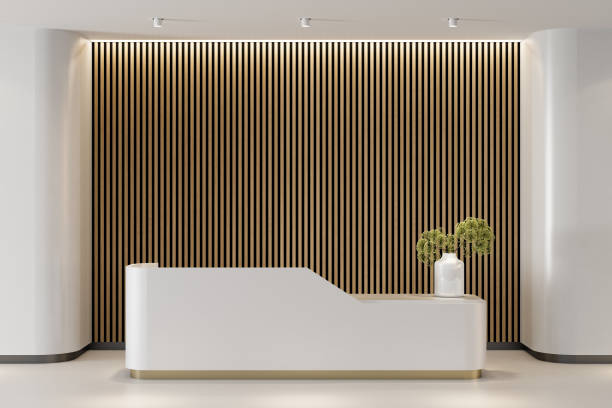 istock Modern Office Reception area with large desk Interior white and wood with round walls 2179248657