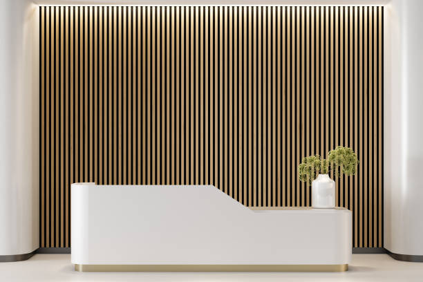 istock Modern Office Reception area with large desk Interior white and wood with round walls 2179248663