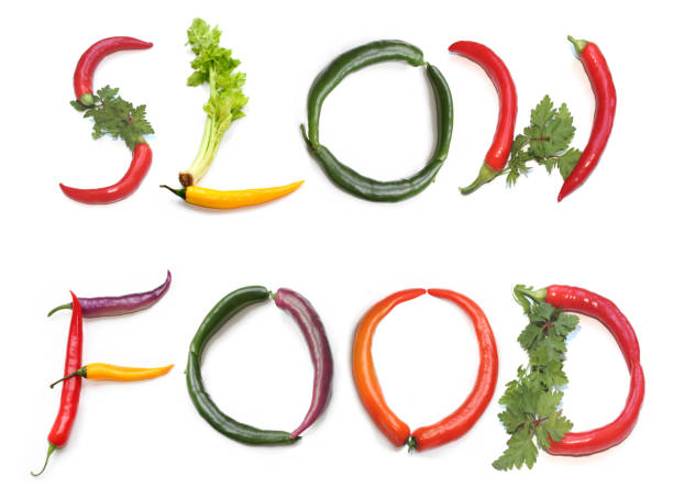 words lettering S L O W F O O D headline from red green purple chili peppers, parsley herbs, orange yellow chillies, celery stick letters for text words, poster, banner sign, menu card for vegan vegetarian slow food with vegetables letters, plant based veggie recipes, for text, encyclopedias, cook book, cookery books, letters isolated for slowfood decoration of cards, flyer, brochure, booklet, veggies vouchers, coupons, plantbased dinner lunch brunch birthday invitation card and present voucher, veganuary vegetable restaurant plant-based slow food letra de la palabra slow food titular de chiles rojos verdes morados, perejil hierba, chiles amarillos anaranjados y letras de apio para palabras de texto, póster, cartel de pancarta de slow food, tarjeta de menú para vegetariano vegano con letra vegetal