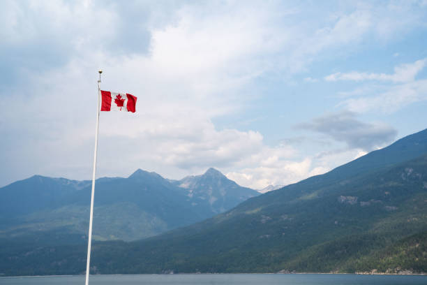 Canadian flag waving against a scenic backdrop of mountains and lake under a partly cloudy sky in British Columbia