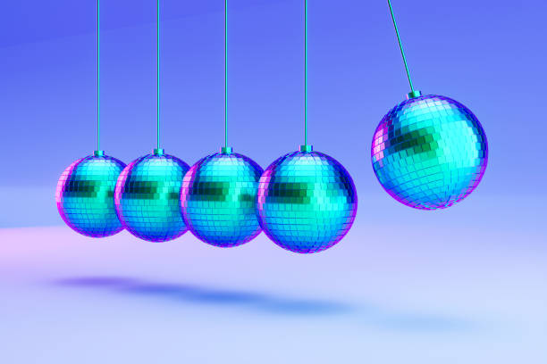 Disco Ball on Neon Lighting Background with Newton's Cradle Style. Digitally Generated Image. 3d Render.