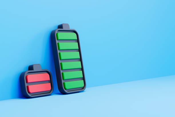 Batteries on blue background. Sustainable resources, electric vehicle battery.  Digitally generated image. 3d render.